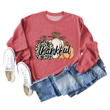 Thankful Pumpkin Leopard Print Letters Halloween Print Round Neck Long Sleeve Women's Sweatshirt