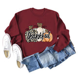 Thankful Pumpkin Leopard Print Letters Halloween Print Round Neck Long Sleeve Women's Sweatshirt