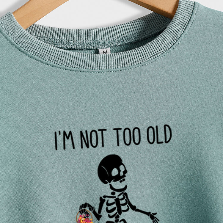 I'M NOT TOO OLD Letter Skull Pumpkin Round Neck Long Sleeve Sweater