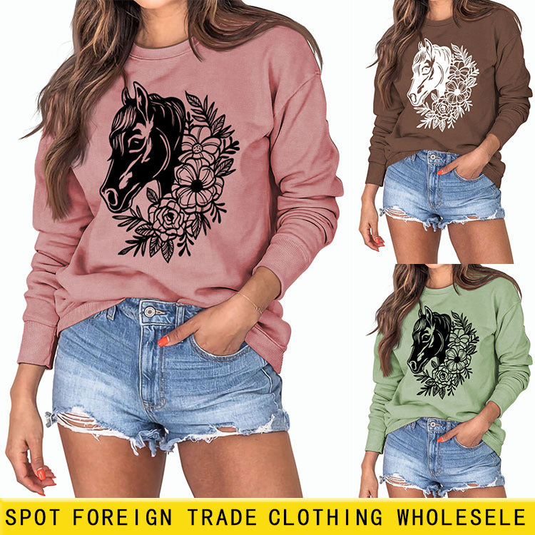 Plant Flower Round Neck Autumn and Winter Loose Print Long Sleeve Sweater Girl