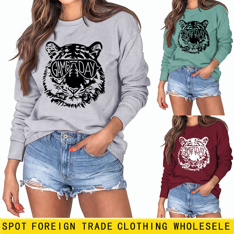 GAME DAY Tiger Letter Loose Bottom Long Sleeves Plus Size Sweatshirt Woman