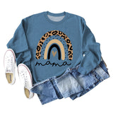 Mama Love Rainbow Leopard Print Backing Long Sleeve Round Neck Loose Sweatshirt