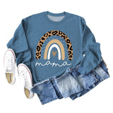 Mama Love Rainbow Leopard Print Backing Long Sleeve Round Neck Loose Sweatshirt