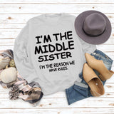 Round Neck Letter Women's Long Sleeve I'M THE MIDDLE Print Loose Sweatshirt