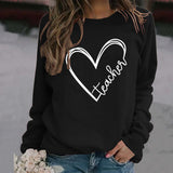 Teacher Heart Letters Round Neck Loose Bottoming Large Size Long-sleeved Sweater Women