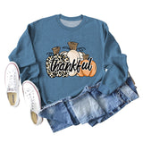 Thankful Pumpkin Leopard Print Letters Halloween Print Round Neck Long Sleeve Women's Sweatshirt