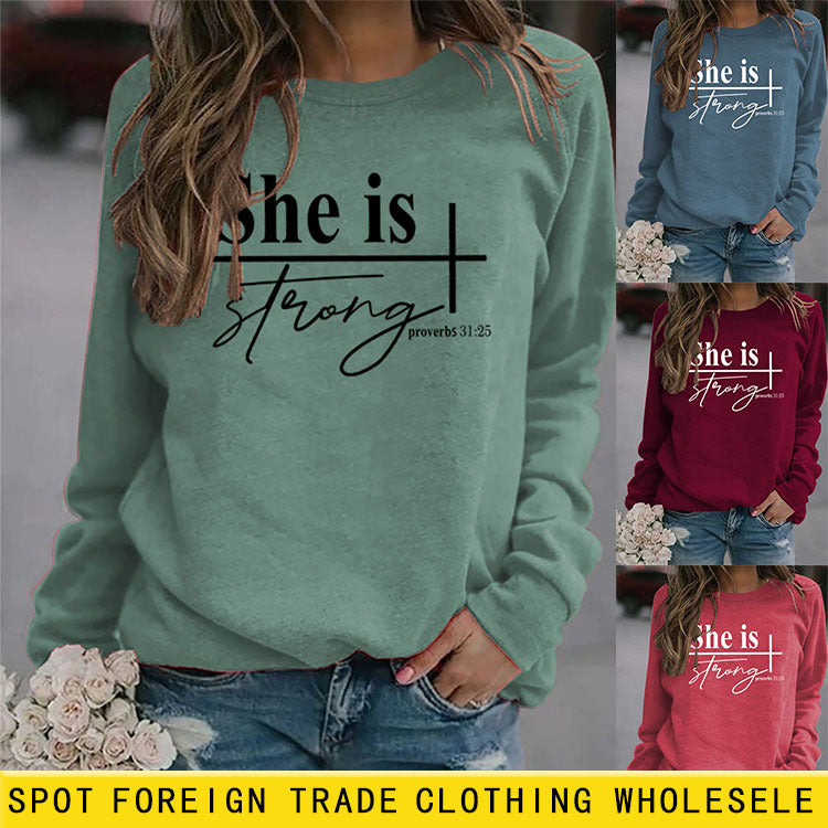 She Is Strong Fashion Großer Rundhalspullover für Damen mit langen Ärmeln und Aufdruck