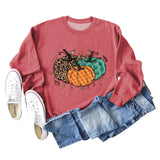 Halloween Pumpkin Leopard Print Round Neck Women's Sweatshirt Long Sleeve