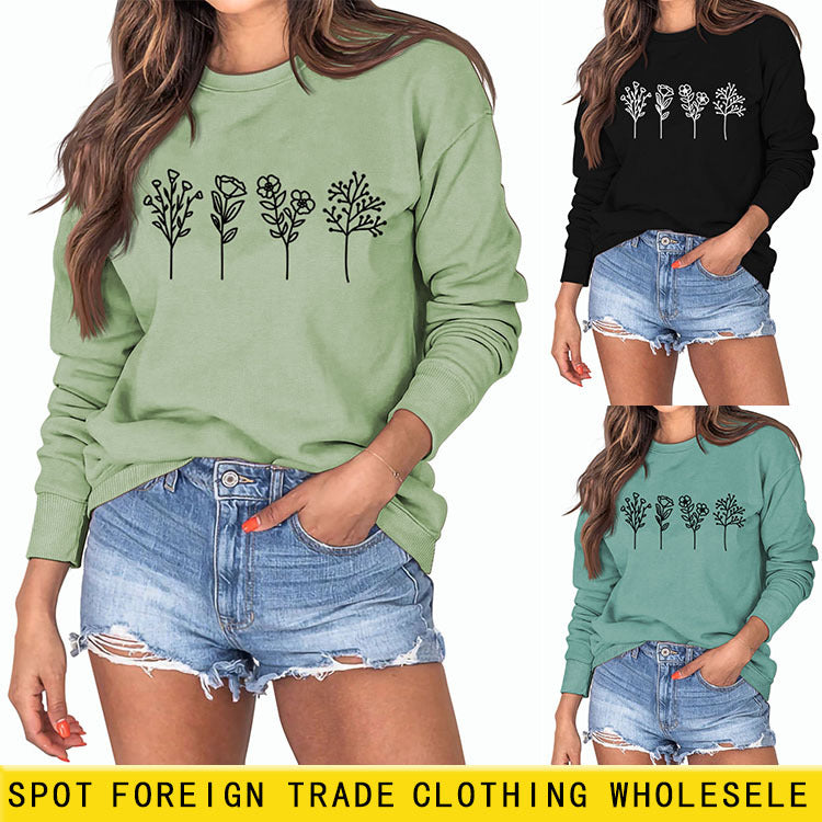 Women's Round Neck Autumn and Winter Women's Four Flower Print Casual Long Sleeved Sweater