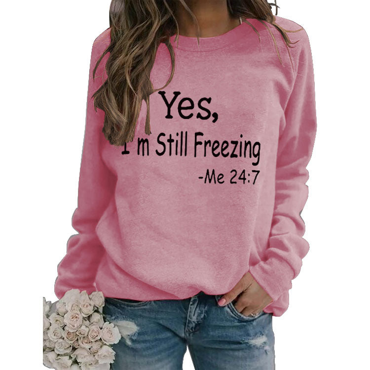 Schlichtes Rundhalsoberteil mit langen Ärmeln und „YES ​​I'M“-Aufdruck, lockeres Sweatshirt