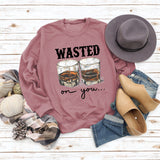 WASTED ON YOU Wine Glass Letter Printing Autumn and Winter Base Long Sleeve Plus Size Sweater