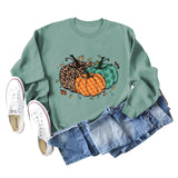 Halloween Pumpkin Leopard Print Round Neck Women's Sweatshirt Long Sleeve