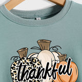 Thankful Pumpkin Leopard Print Letters Halloween Print Round Neck Long Sleeve Women's Sweatshirt
