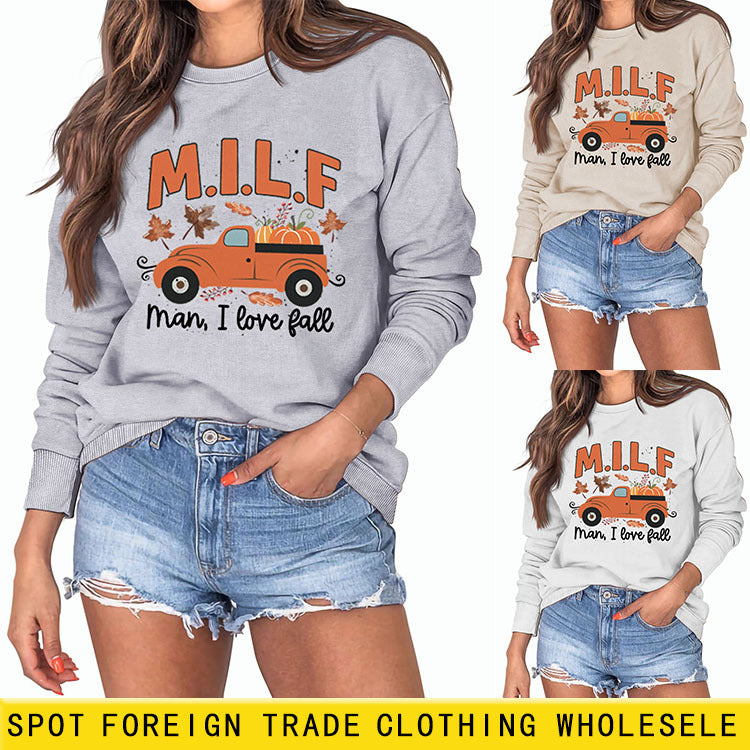 Milf Man I Love Fall Pumpkin Truck Print Long Sleeve Sweatshirt Woman
