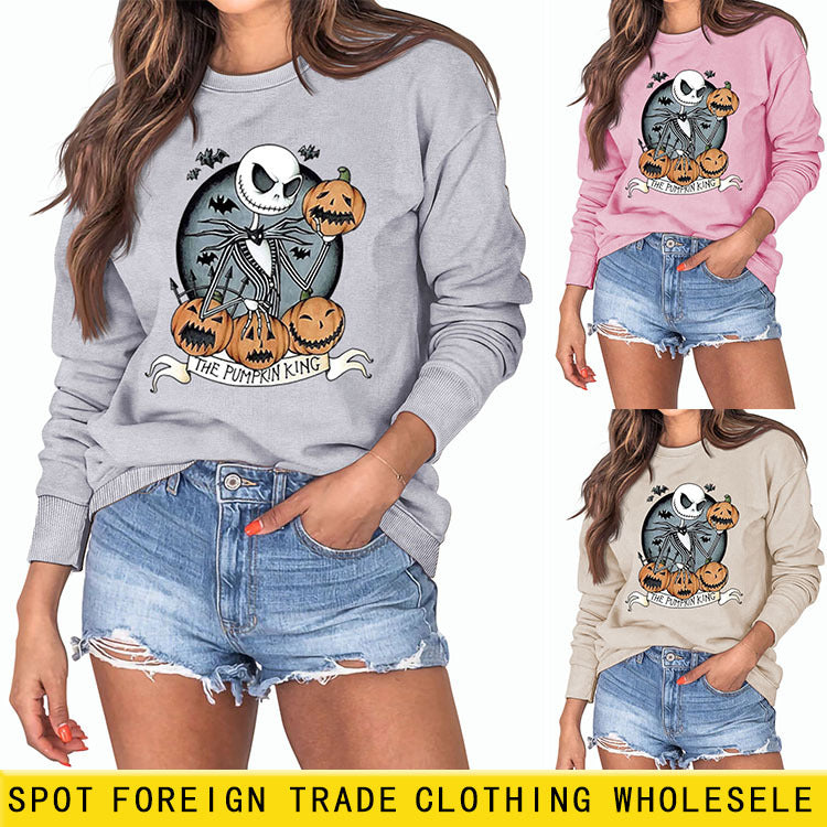THE PUMPKIN KING Pumpkin Skull Halloween Round Neck Large Size Long-sleeved Sweater Women