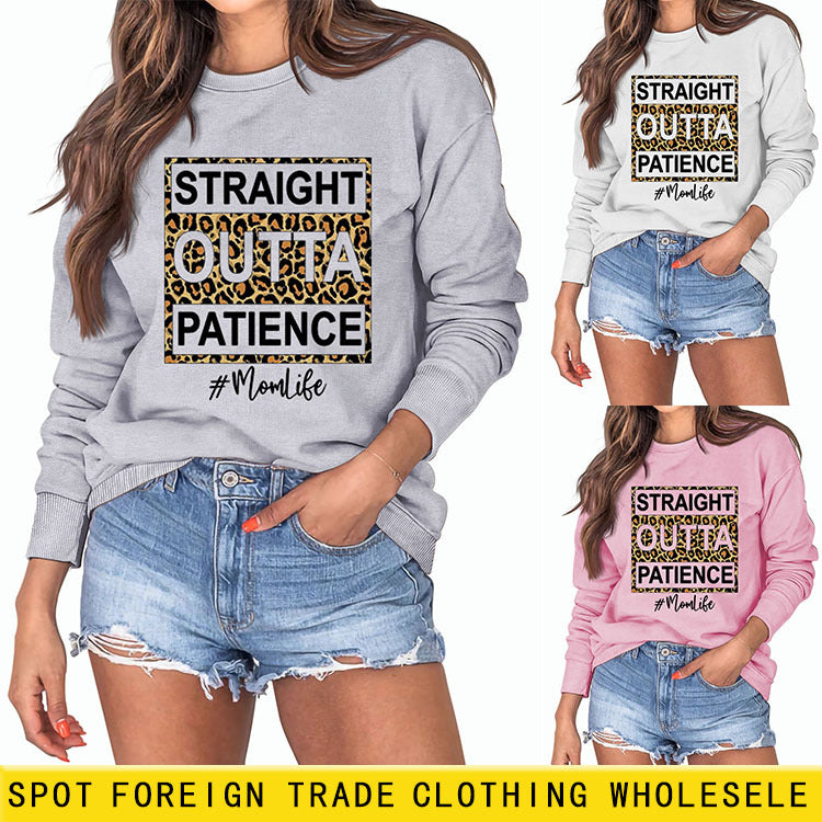 STRAIGHT OUTTA PATIENCE Leopard Print Letters Round Neck Long-sleeved Sweater Women