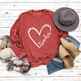 Teacher Heart Letters Round Neck Loose Bottoming Large Size Long-sleeved Sweater Women
