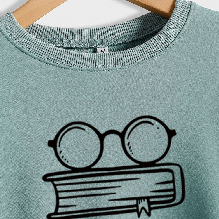 Book Nerd Glasses Book Printed Loose Bottomed Long Sleeve Large Size Sweater