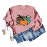 Halloween Pumpkin Leopard Print Round Neck Women's Sweatshirt Long Sleeve